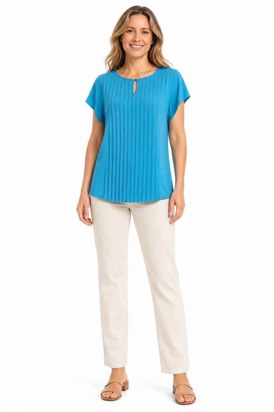 Soft surroundings accordion front blue cap sleeve blouse size medium EUC
